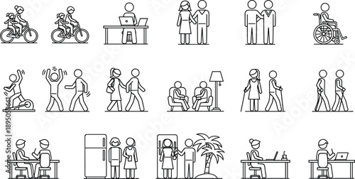Comprehensive family and lifestyle line icon set featuring domestic life parental care disability inclusion childhood growth professional work balance and community relationship symbols
