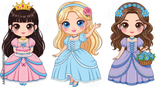 Set of Beautiful Little Princess Characters in Colorful Dresses with Crowns and Flowers for Kids Birthday Invitations and Fairy Tale Concept Vector Illustration