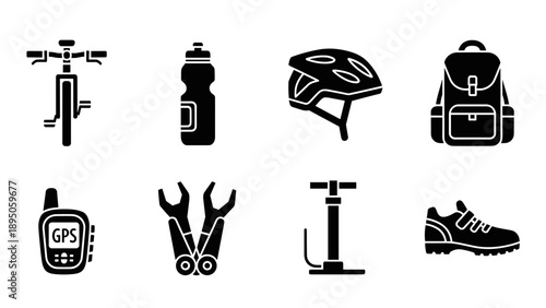 Essential bicycle gear icons: helmet, backpack, and more in stylish silhouette design