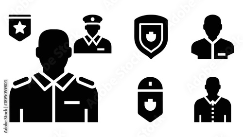 Military and law enforcement black silhouette icons set