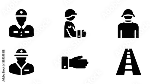 Construction worker icons: silhouette design of workers and tools