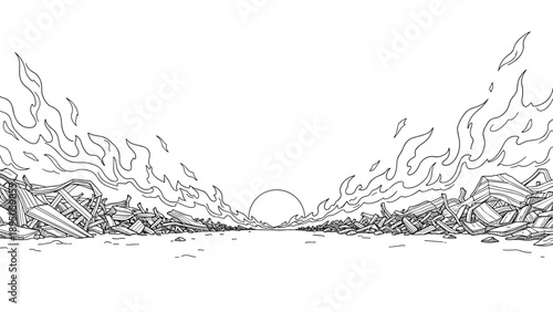 Burning landscape with flaming wreckage and horizon sunset in monochrome art