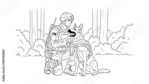 Soldier and dog companions in nature line drawing