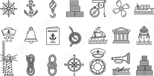 Professional nautical and maritime line icon set featuring ship anchors steering wheels lighthouse cargo containers navigation compass sailing vessels and marine transport symbols vector
