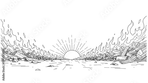 Sunrise over fiery destruction: linear style apocalyptic landscape with flames