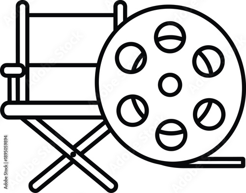 Film reel and director chair icon in outline style, classic cinema and movie production symbol, minimal black line vector illustration isolated