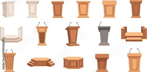 Set of wooden podium, lectern, and rostrum illustrations in cartoon style for speeches, presentations, conferences, ceremonies, and public speaking events