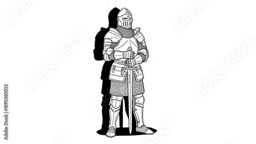 Medieval knight in full armor with shadow on white background