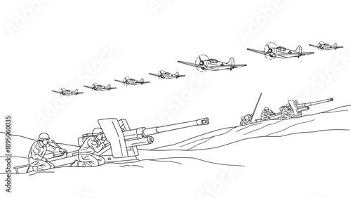 World war ii artillery and aircraft scene with detailed line art style