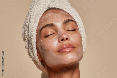 Beauty woman relaxing with facial mask treatment and towel on head, spa and wellness procedure concept. Banner with copy space. © Denis