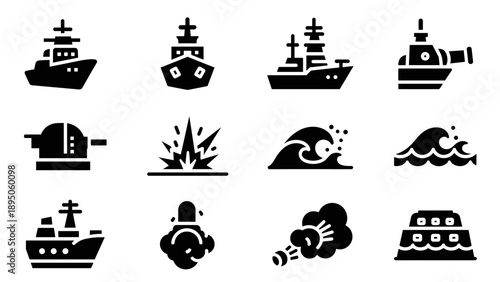 Nautical icons: battleships, waves, cannons, explosions, and marine elements