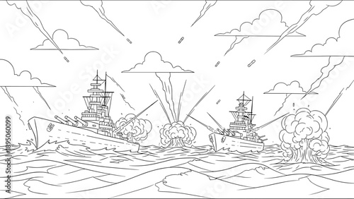 Naval battle scene with warships and explosions in outline style