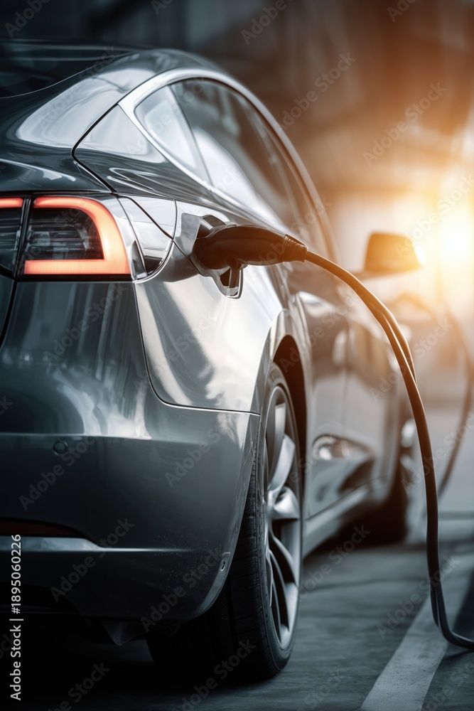 Naklejka premium Electric car being charged with a black cable.