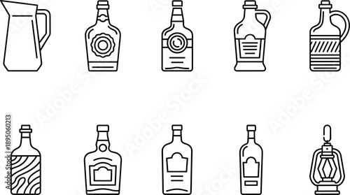 Professional beverage and glass bottle line icon set featuring alcohol containers wine carafes beer glasses soda bottles and various liquid packaging symbols vector