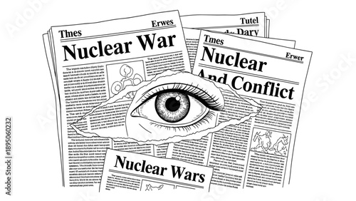 Surreal eye peering through torn newspapers on nuclear conflict