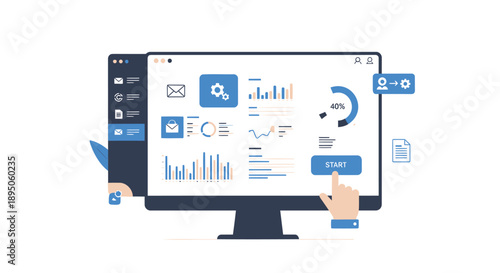 Vector illustration of computer screen with business data and graphs