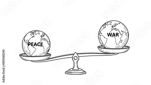 Balance of peace and war: global tension depicted with scales and earth