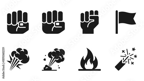 Minimalist black icons: fist, flag, explosion, fire, and sparkler