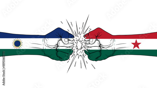 Conflict and tension depicted through flag-adorned fist bump with explosive energy
