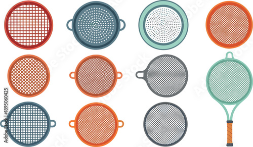 Professional kitchenware vector set featuring various colorful colanders strainers and mesh sifting tools for cooking food preparation drainage and culinary household activities