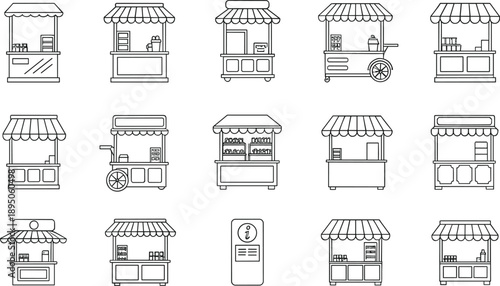 Set of outline street food stalls and kiosks with awnings and carts, hand drawn vector icons for markets, vendors, retail, and urban commerce