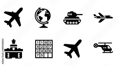Silhouette icons of transport, military, and education essentials