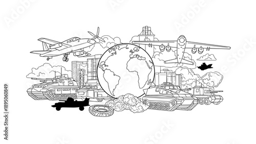 Global military forces: outline of tanks, planes, and urban backdrop