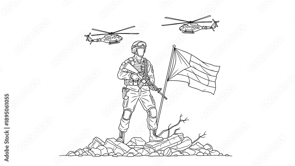 Fototapeta premium Soldier holding flag with helicopters overhead in military line art scene