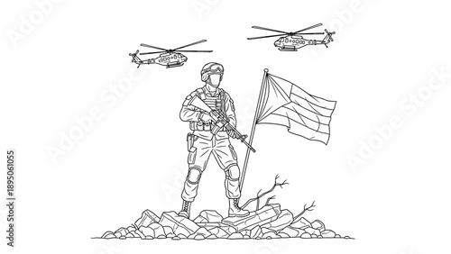 Soldier holding flag with helicopters overhead in military line art scene