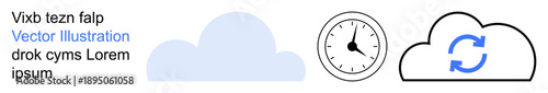 Cloud computing, data storage, synchronization, time tracking, modern technology, productivity. Blue cloud, clock icon and update graphic in a cloud outline. Cloud computing and data storage