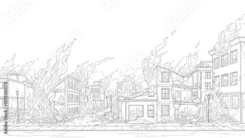 Urban fire disaster scene with burning buildings and destruction