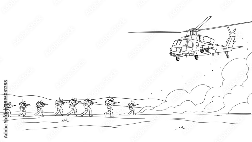 Fototapeta premium Military operation scene with soldiers and helicopter in line art style