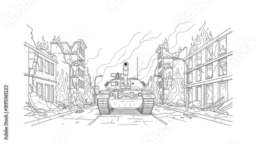 Urban warfare: tank in ruined city line art scene with flames