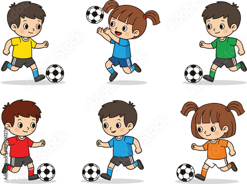 Vector illustration set of cute cartoon boys and girls playing soccer, running and kicking footballs for children's sports design