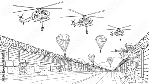 Military operation with helicopters and paratroopers in linear art style