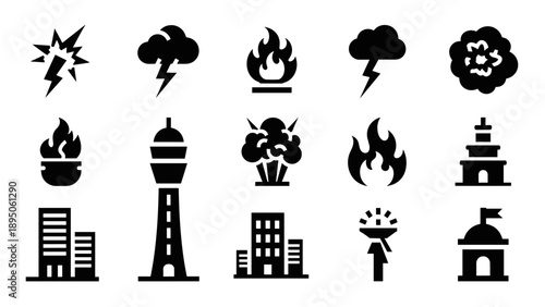 Bold silhouette icons of disasters and urban structures