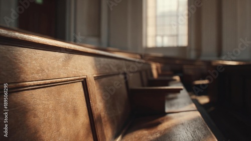 Row of wooden pews in a church. the pews are arranged in neat rows and appear to be empty. the wood is a warm brown color and has a smooth finish.