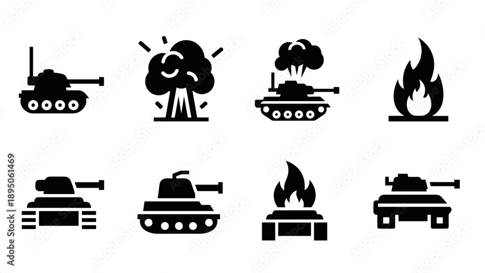 Fototapeta premium Military tank and explosion silhouette icons set on white background