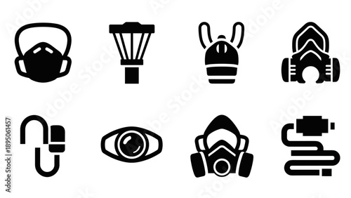 Set of protective equipment icons: masks, goggles, and filters in bold black style