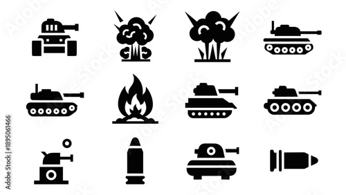 Military vehicle and explosion icons set: simple black silhouettes