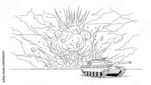 Dynamic explosion behind strategic military tank in detailed line art
