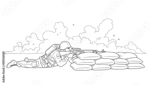 Soldier in action: detailed linear drawing of army in defensive position