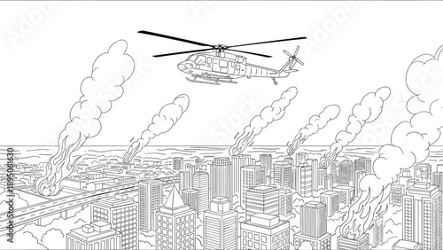 Urban fire response with helicopter over cityscape in linear style