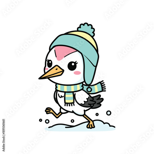 Cute cartoon duck wearing winter hat and scarf running cheerfully in snowflakes