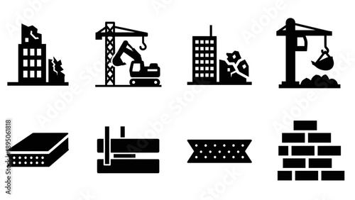 Construction and building icons set: machinery, structures, materials in black silhouette style
