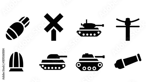 Military icons set: tanks, bombs, missiles, war silhouettes for graphic design and apps