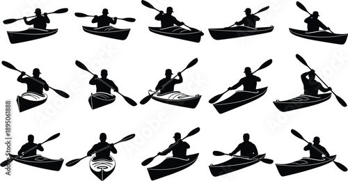 Black and white vector silhouettes set of people paddling kayaks and canoes in various action poses isolated on a clean white background for design