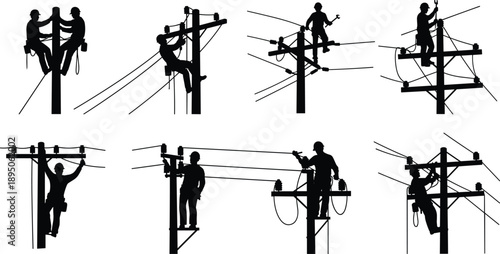 Electrical lineman silhouette set with utility workers climbing power poles and repairing high voltage lines isolated on white background for industrial electricity maintenance vector design