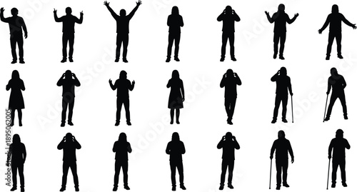 Diverse people silhouette set with men and women in various poses including disabled individuals with walking sticks isolated on white background for lifestyle vector design