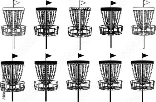 Disc golf basket silhouette set with metal chain goals and flags in different angles isolated on white background for outdoor sports and frisbee vector design